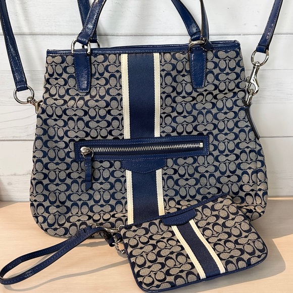 Coach Navy Blue Signature Stripe Foldover Handbag Crossbody + Zipper Case Set - Picture 1 of 14